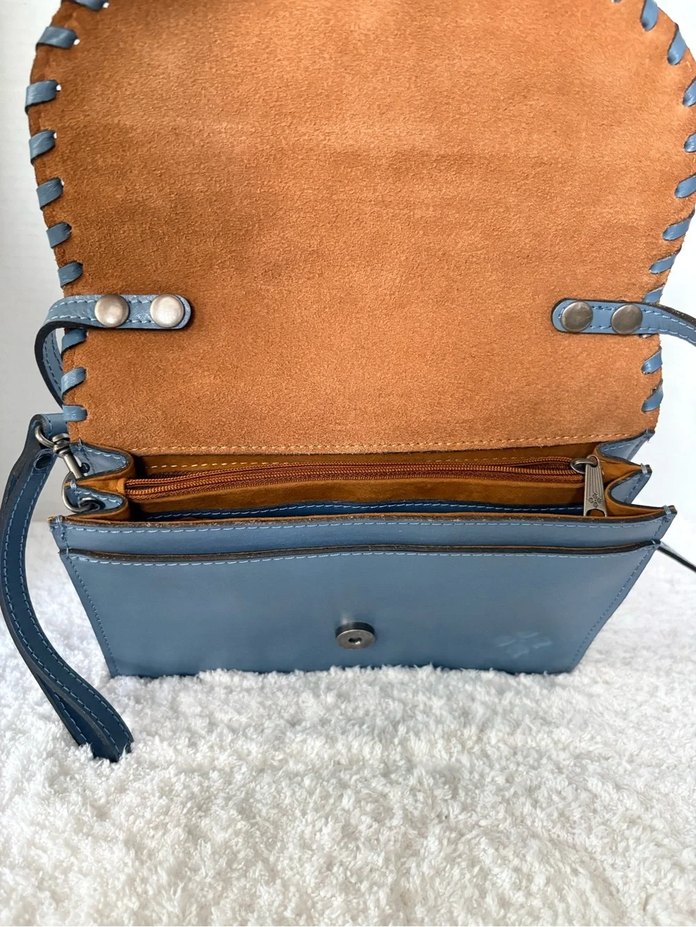 Patricia Nash Lanza Tooled Leather Crossbody Bag Blue Floral Whipstitch